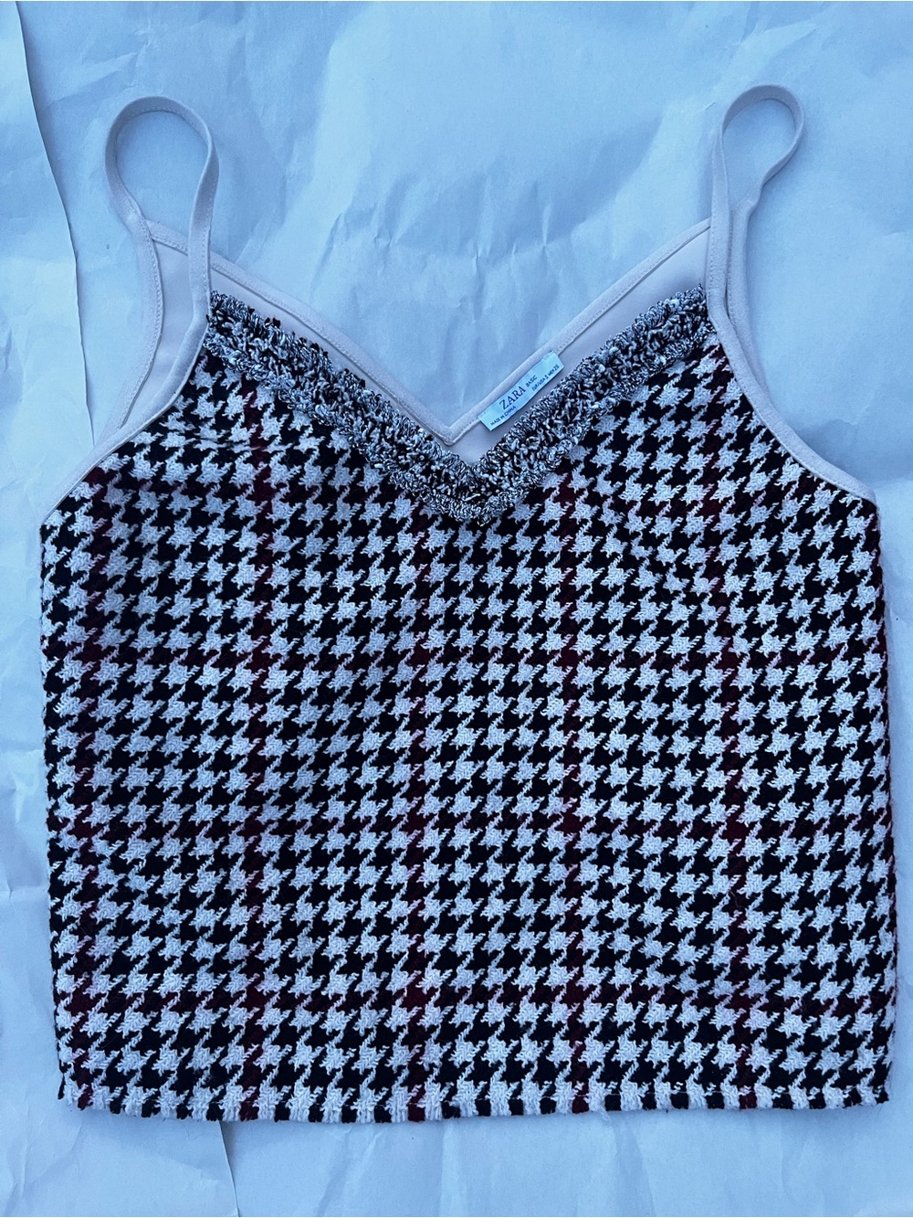 Zara Black, White & Burgundy Houndstooth Cami with Beaded V-Neck